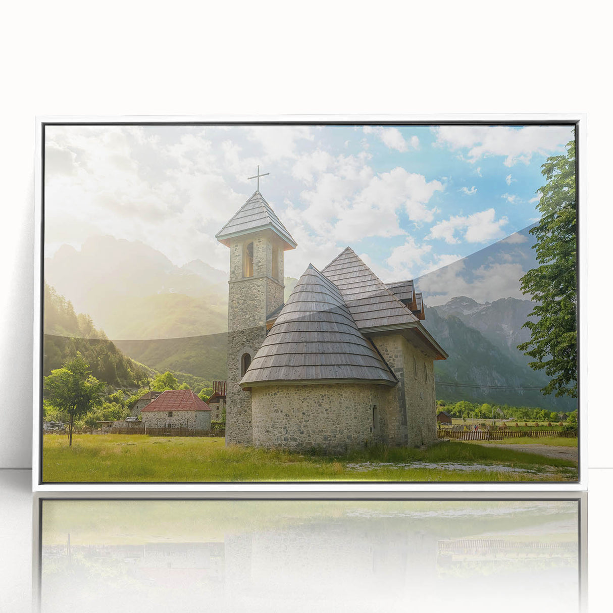 Mid-century modernist art depicting a serene Albanian landscape in muted earth tones, framed acrylic.