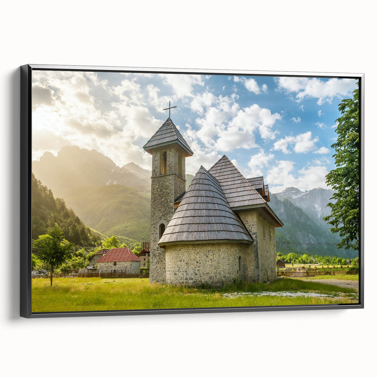Black and white landscape art painting of a European scenery on framed canvas, ideal for bedroom wall decor.