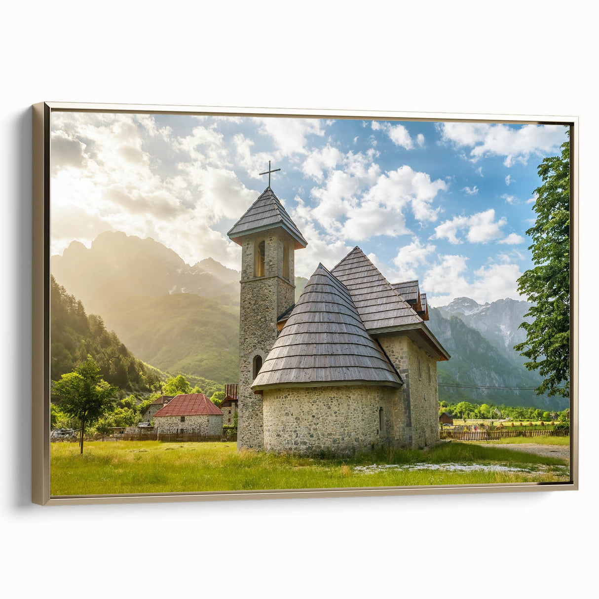 Framed canvas of a vintage-style landscape painting featuring Albanian scenery in muted earth tones.