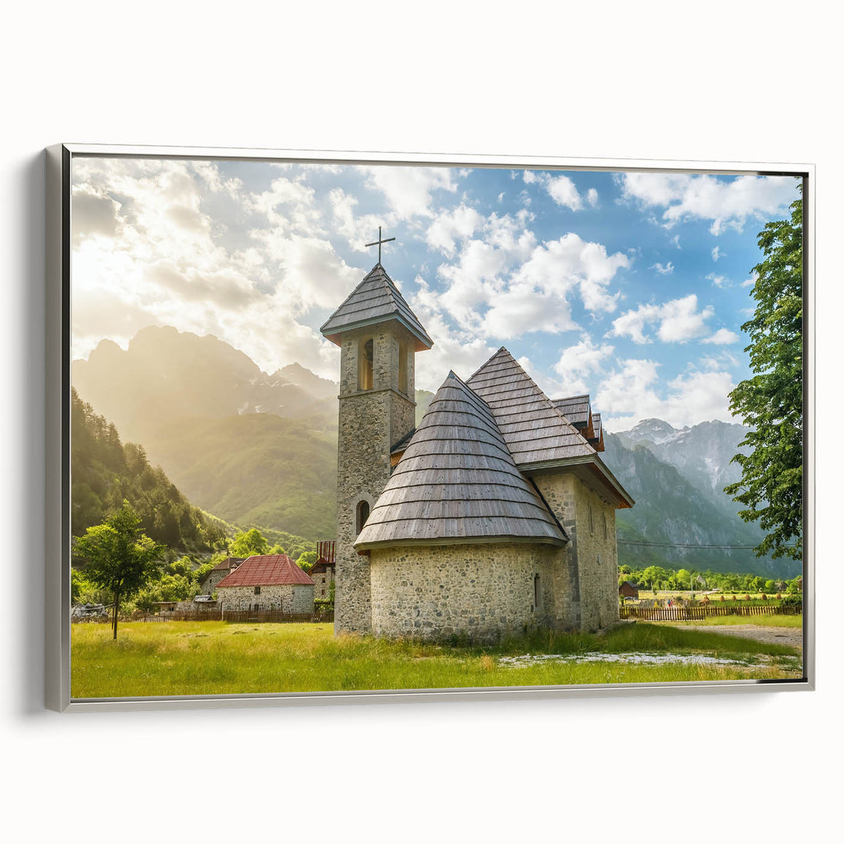 Landscape art painting of a vintage European scene on framed canvas, featuring a palette of black and colorful art.