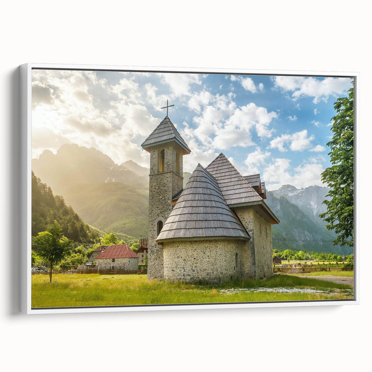 Vintage poster art of a scenic Albanian landscape on framed canvas, featuring vibrant colors, ideal for living room decor.