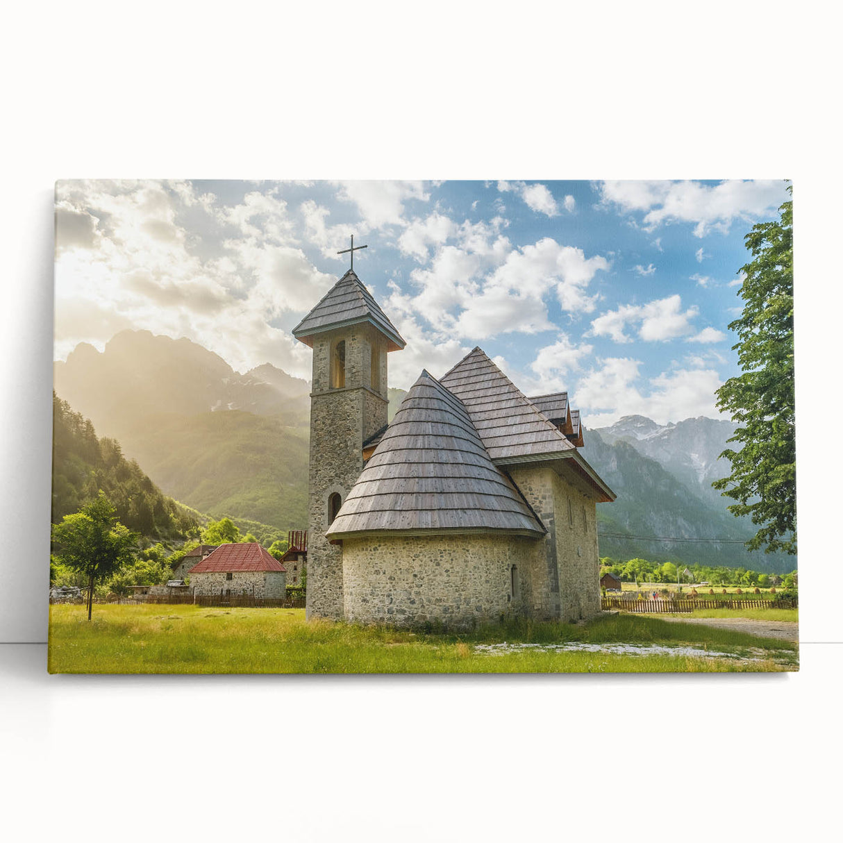 Large black and white photograph of a European cityscape printed on stretched canvas, ideal for kitchen wall art.