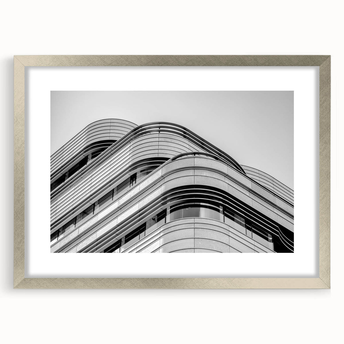 Extra large wall art of abstract London skyline in textured silver frame, ideal for living room decor.