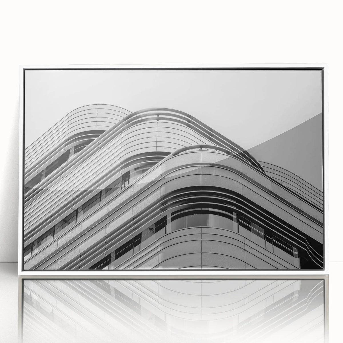 Mid-century modernist art of London skyline in muted blue and gray tones on framed acrylic, ideal for nursery wall art.