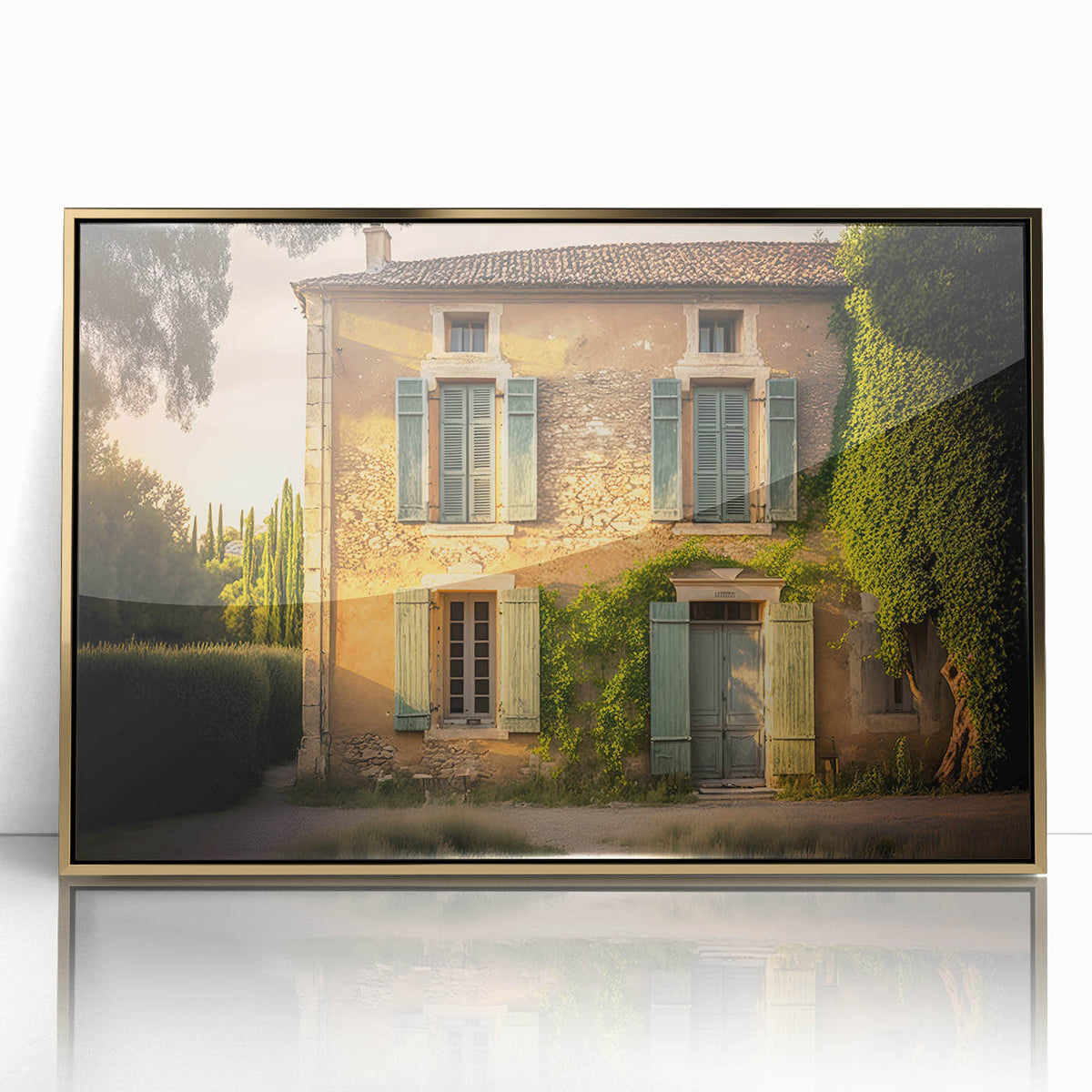 Art deco poster of a Southern France scenery in gold tones on acrylic, ideal for modern art wall decor.