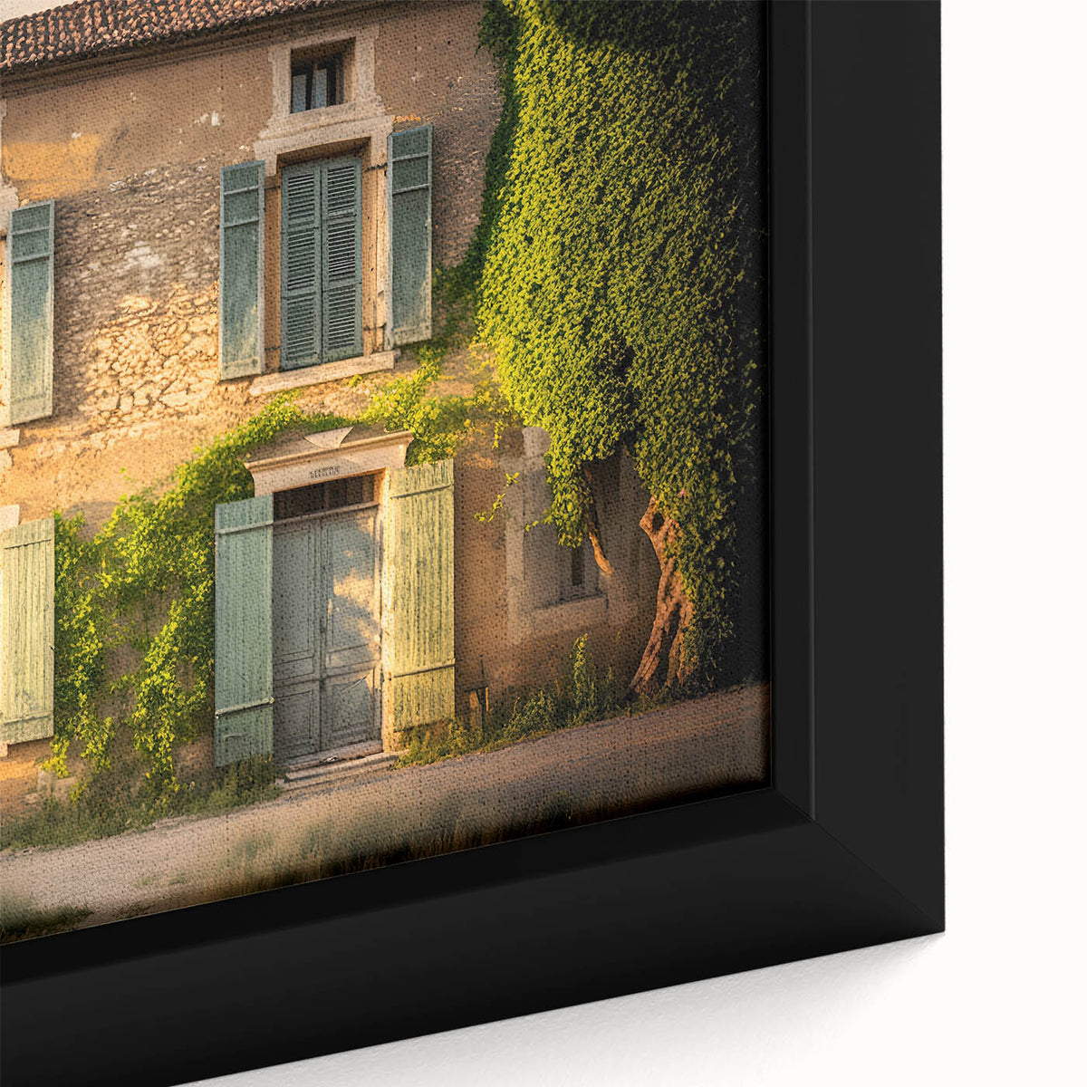 Extra large framed canvas of a textured, colorful European village scene in black with vibrant accents.