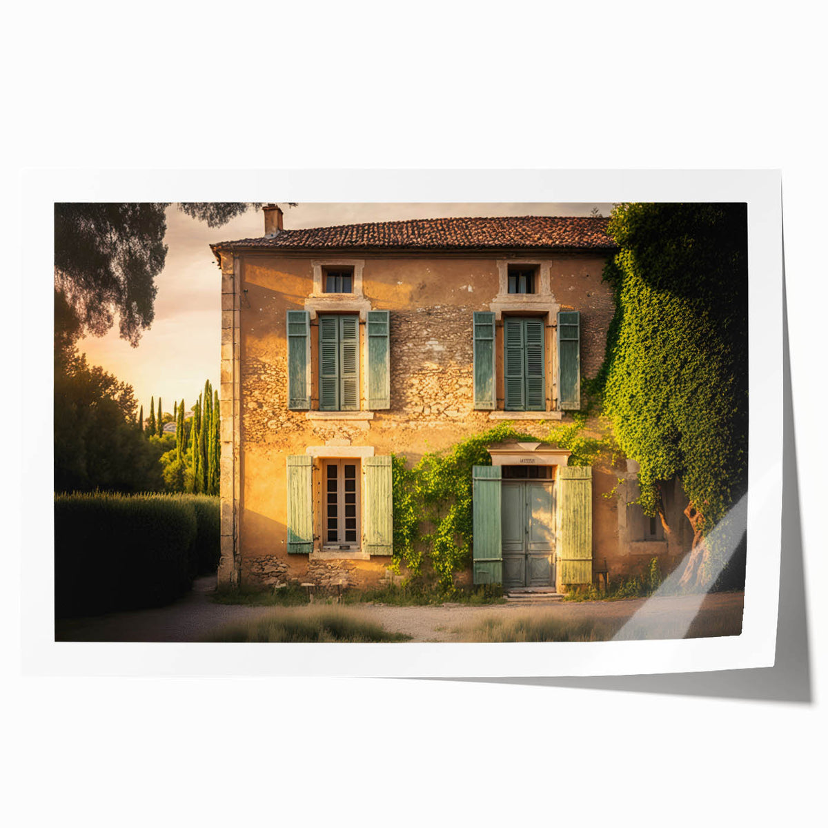 Extra large rolled print of a Southern France landscape in muted earth tones, ideal for dining room wall art.
