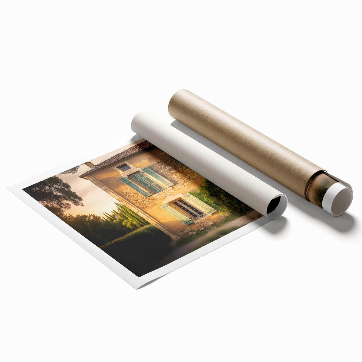Extra large rolled print of a serene French countryside scene with soft floral elements in pastel shades.