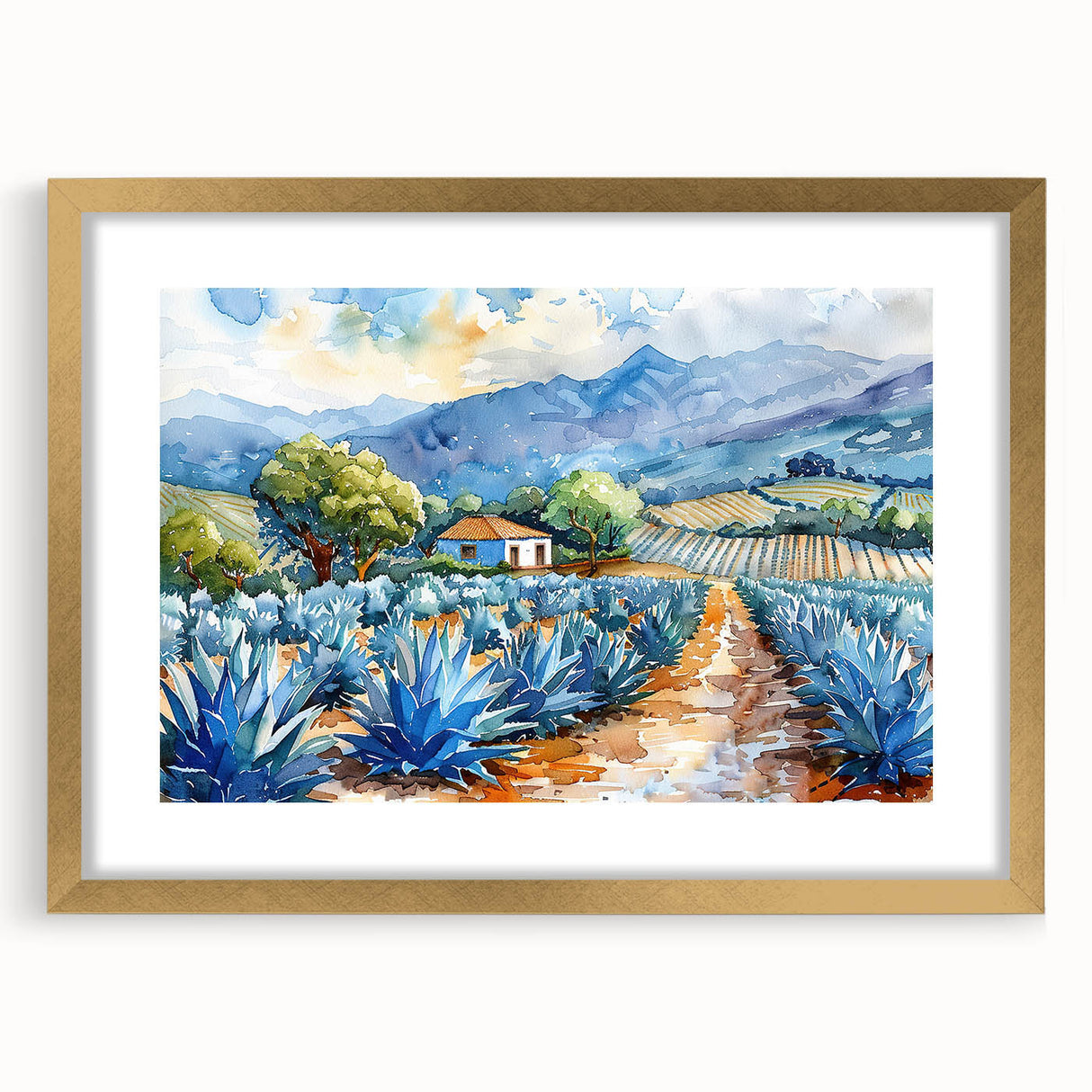Extra large abstract art print of Oaxaca scenery in textured style, framed in gold, featuring earthy and blue tones.