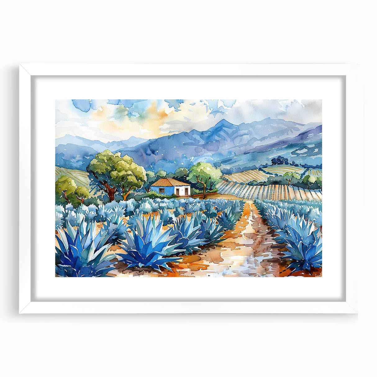 Abstract art print of Oaxaca scenery in vibrant earth tones on a white framed canvas.
