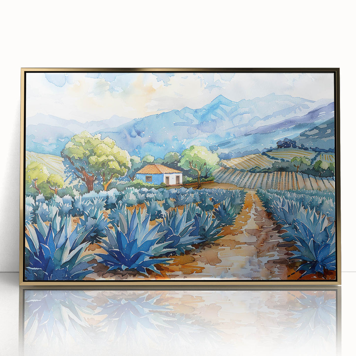 Large art print of Oaxaca, Mexico scenery in mid-century modernist style, framed in gold acrylic.