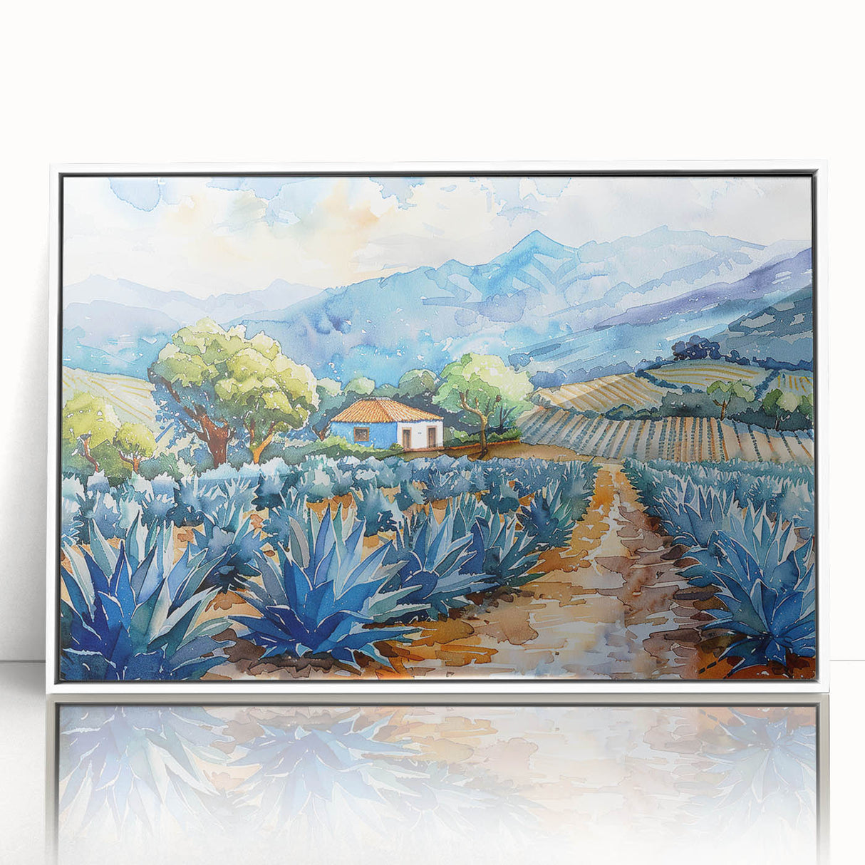 Art deco poster featuring a scenic view of Oaxaca, Mexico in muted earth tones on a framed acrylic.