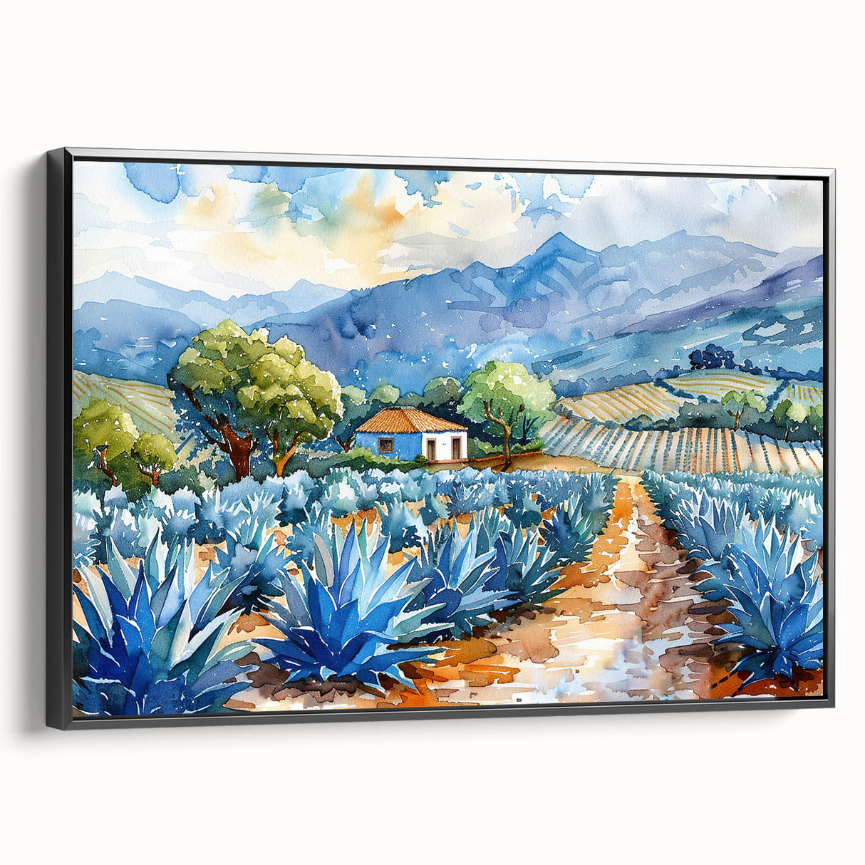 Black and white framed canvas of Oaxaca landscape, ideal for bedroom wall art in vintage poster style.