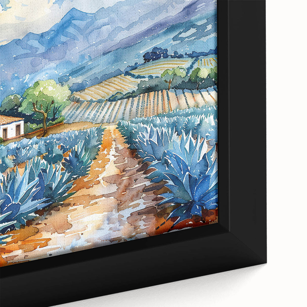 Extra large framed canvas of a textured, colorful Oaxaca scenery in black, ideal for living room decor.
