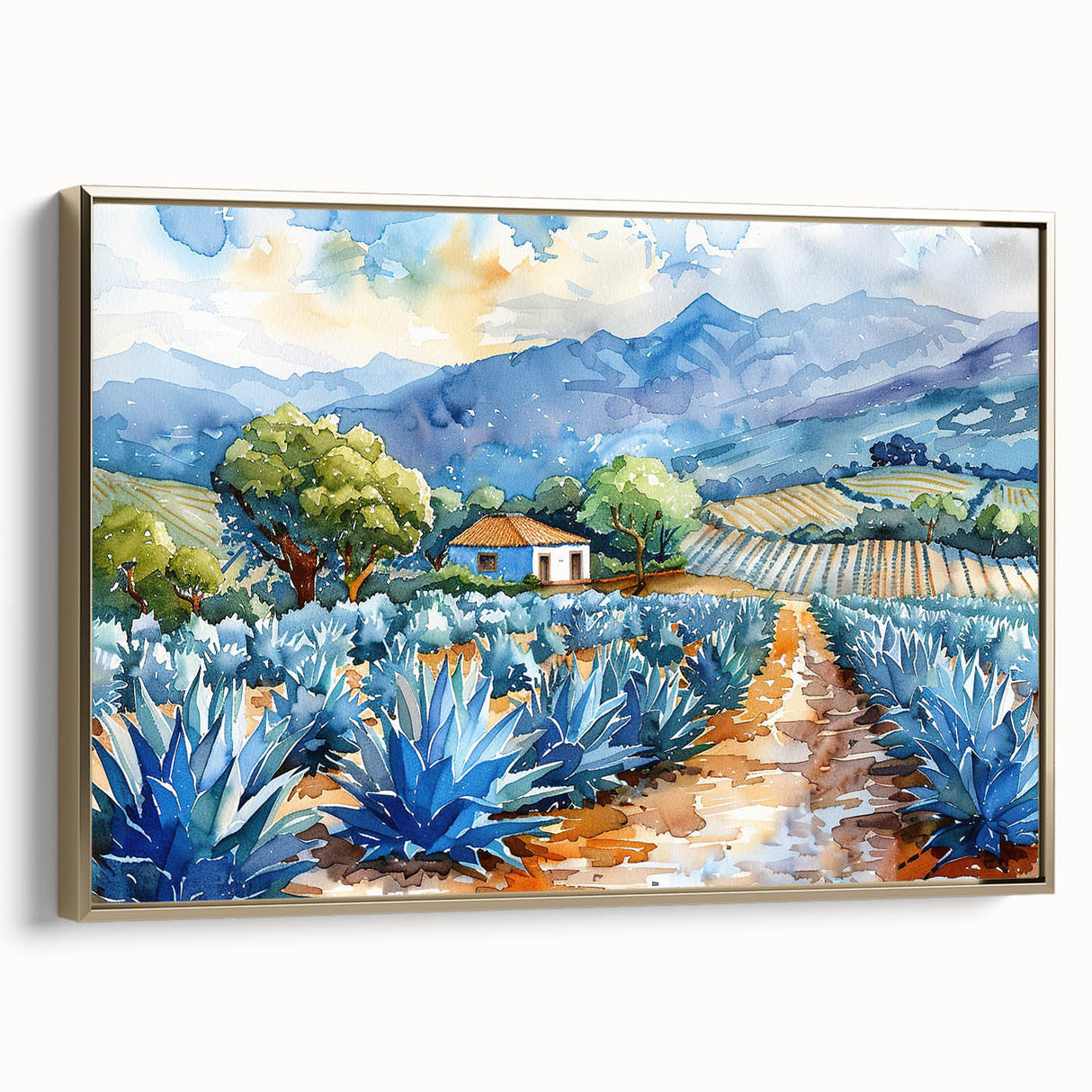 Framed canvas featuring a vintage-style landscape painting of Oaxaca, Mexico in black and gold tones.
