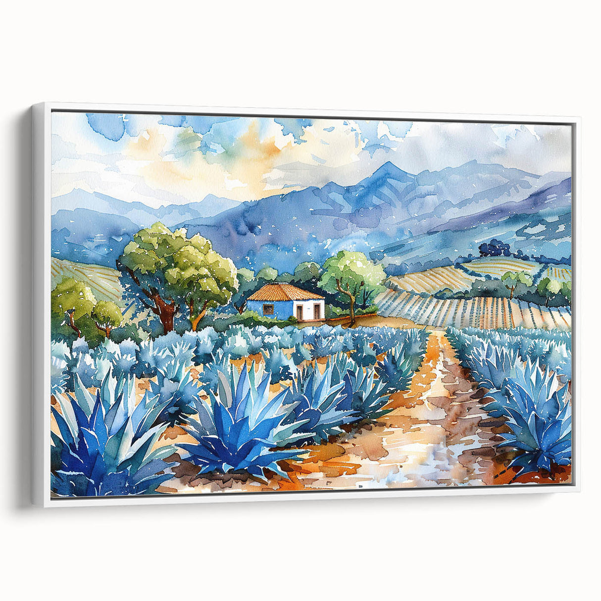 Vintage poster art of Oaxaca scenery on framed canvas, featuring vibrant colors against a black background.