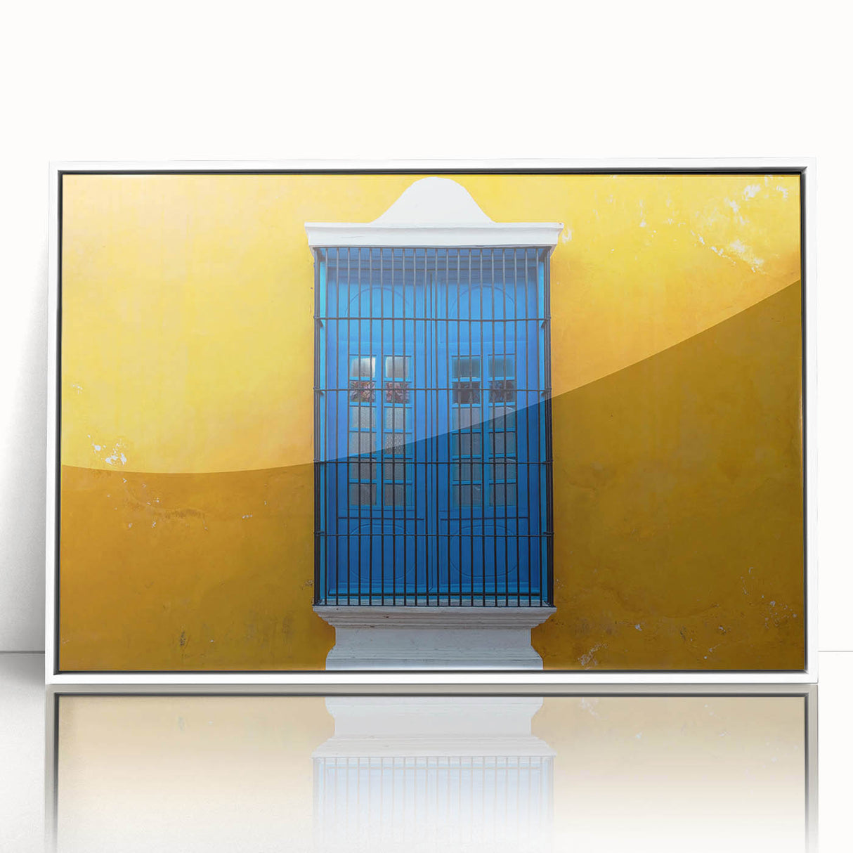 Art deco poster of Yucatan, Mexico scenery in muted blues and greens on a white framed acrylic.