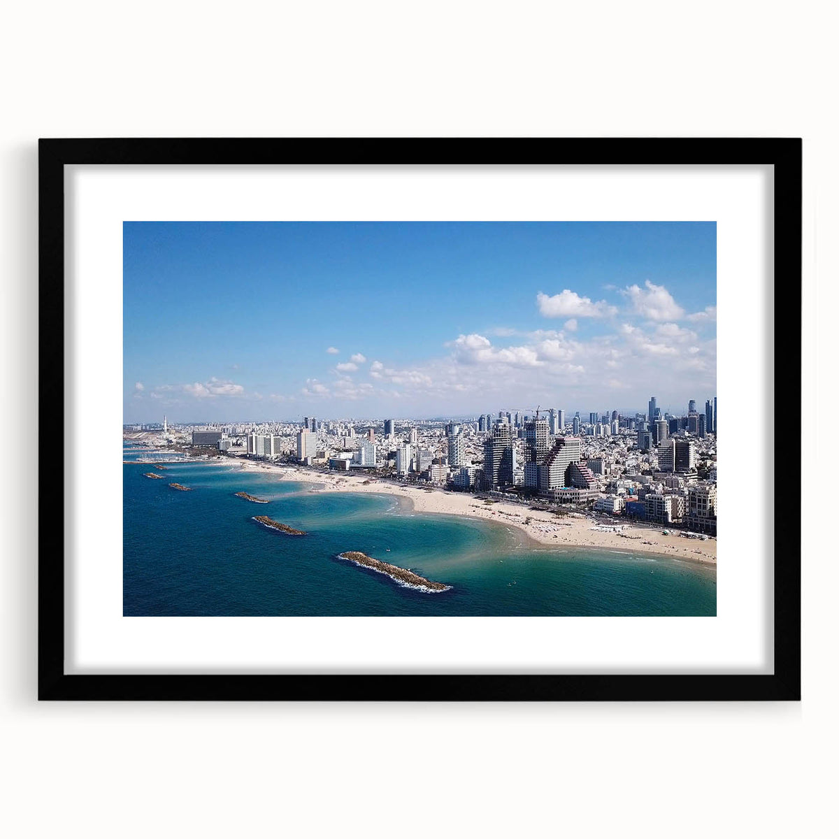 Extra large abstract art print of Tel Aviv skyline in colorful textured hues on a framed black mat.
