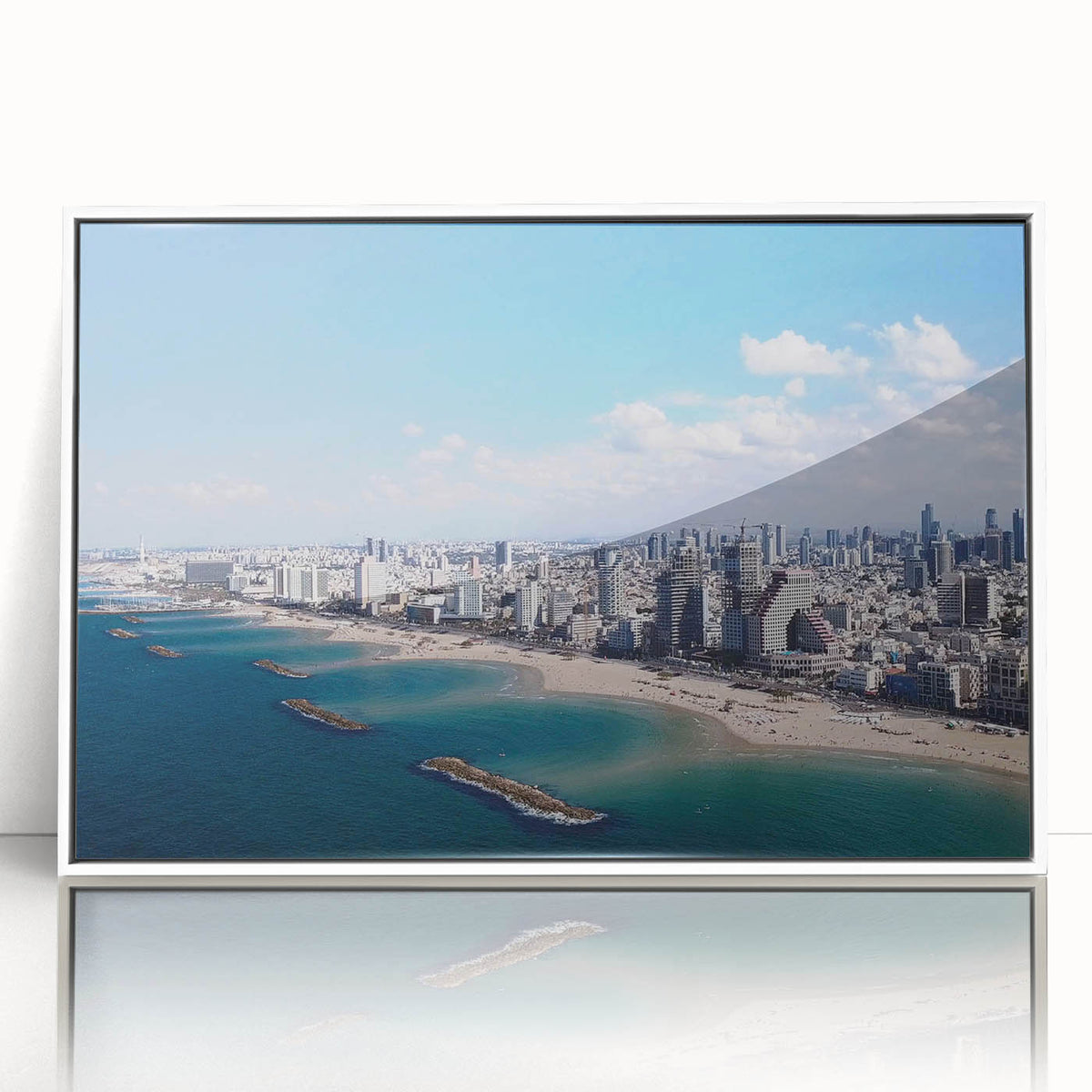 Art deco style poster of Tel Aviv skyline in muted blues and whites on framed acrylic, suited for modern art wall decor.