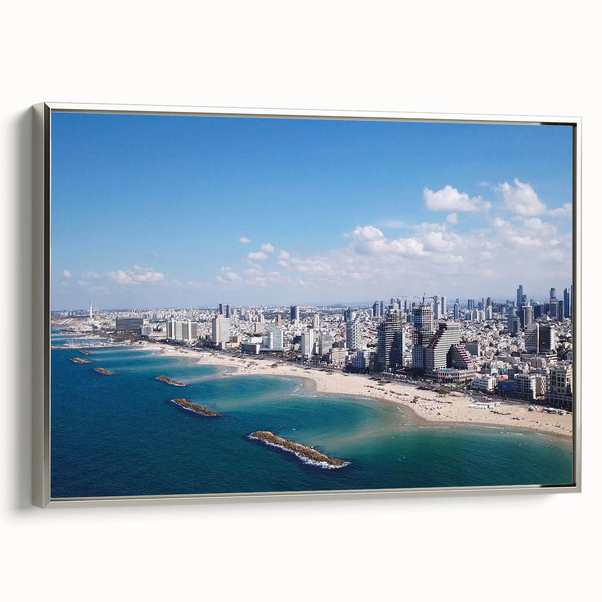 Framed canvas depicting a vintage-style Tel Aviv landscape in colorful art tones.