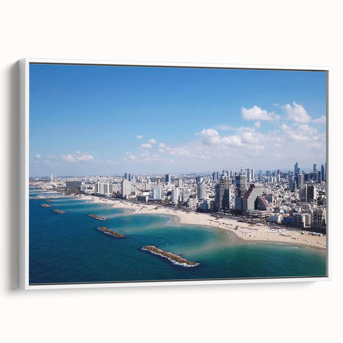 Vintage poster art of Tel Aviv skyline in vibrant colors on a large framed canvas, ideal for living room decor.