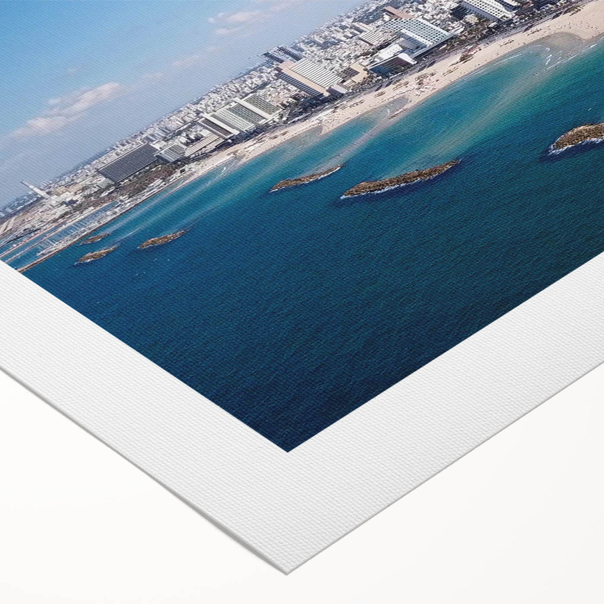 Art deco poster of Tel Aviv skyline in muted gold and blue tones on rolled canvas, suitable for dining room wall art.