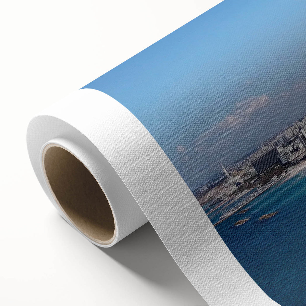 Art Deco poster of Tel Aviv skyline in pastel shades on rolled canvas, ideal for nursery wall art.