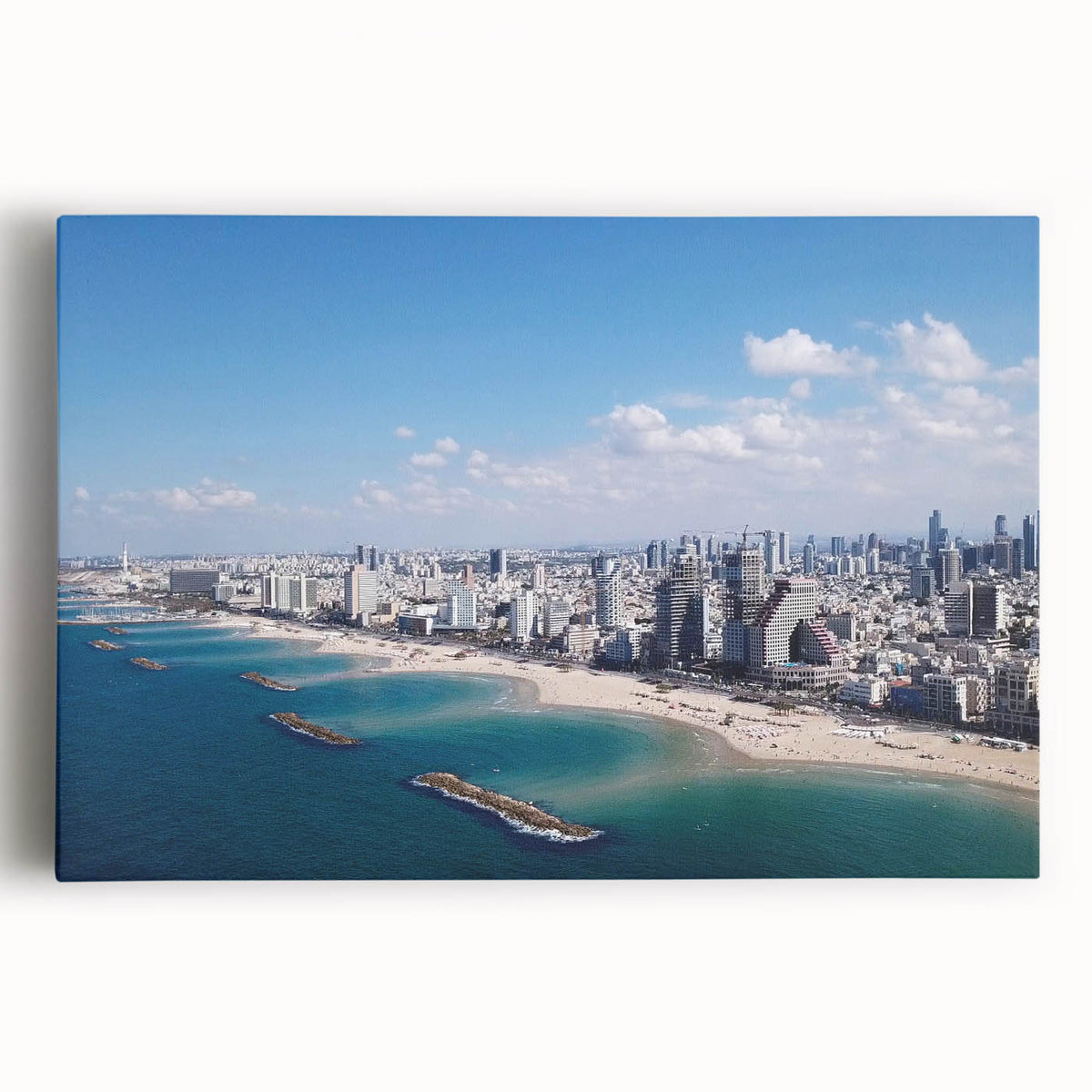 Black and white stretched canvas of Tel Aviv skyline, suitable for kitchen wall art.
