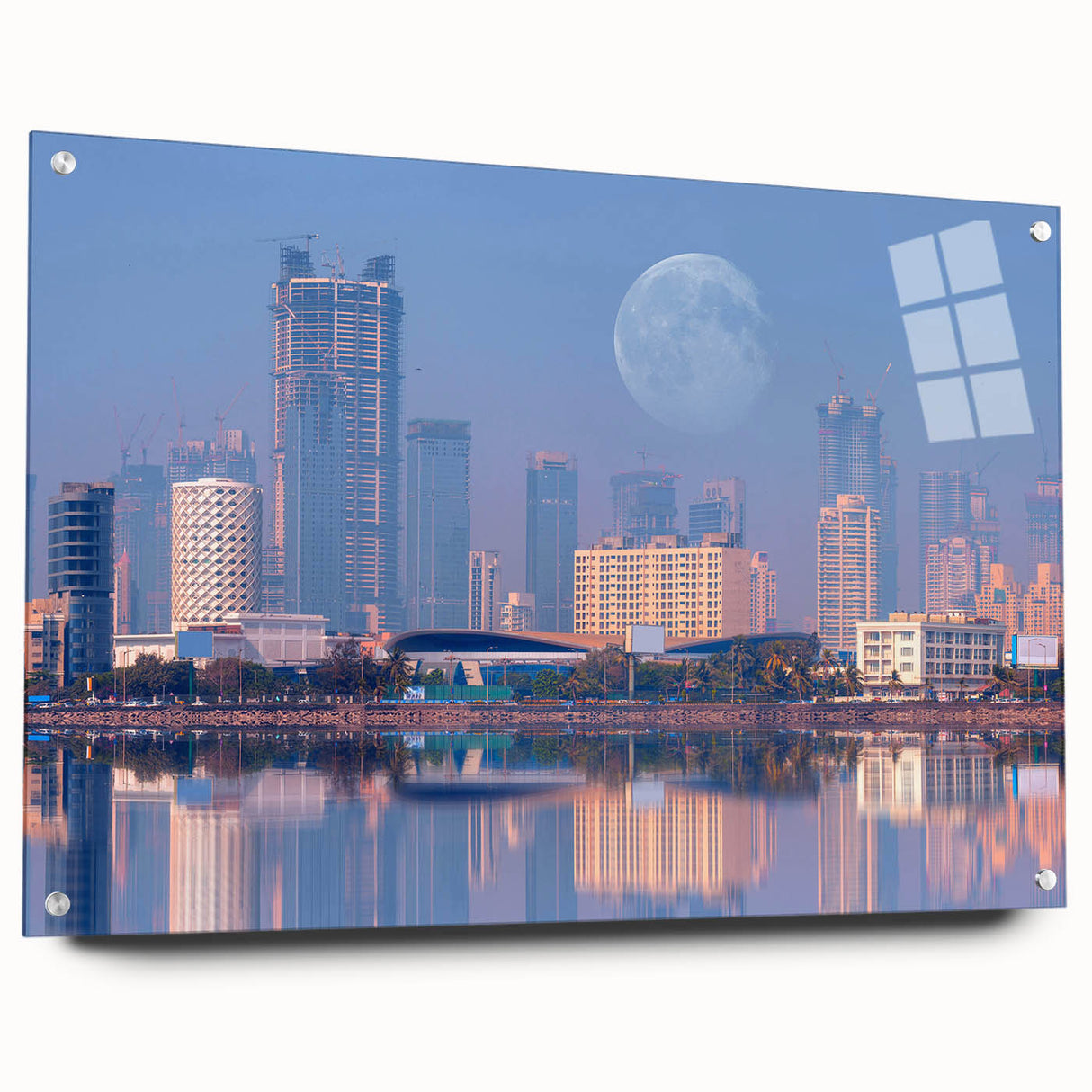 Large abstract wall art depicting a serene Indian landscape in muted earth tones on acrylic glass.