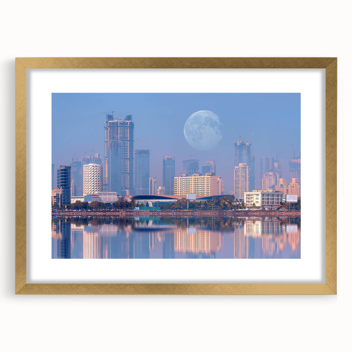 Extra large abstract art print depicting a textured scenery of India in gold and earth tones, framed with a mat.