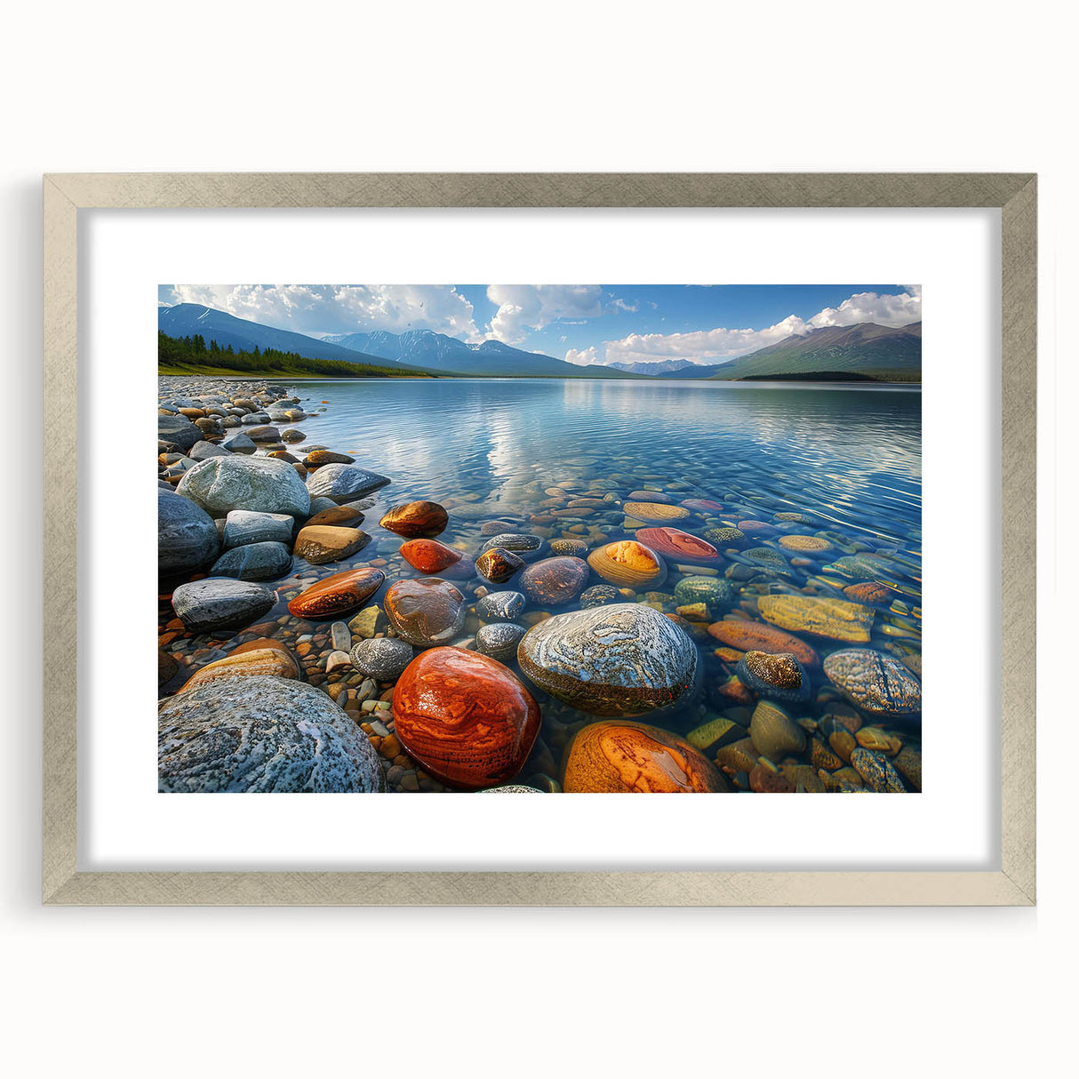 Textured abstract art print depicting a Yukon scenery in muted earth tones, framed in silver, ideal for bedroom art.