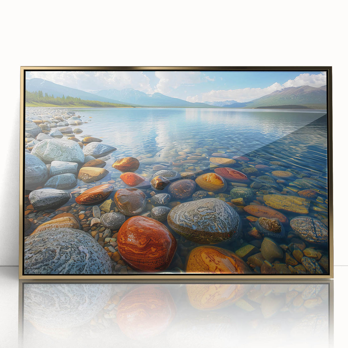 Mid-century modernist style large art print of Yukon scenery in gold frame, acrylic, ideal for nursery wall art.