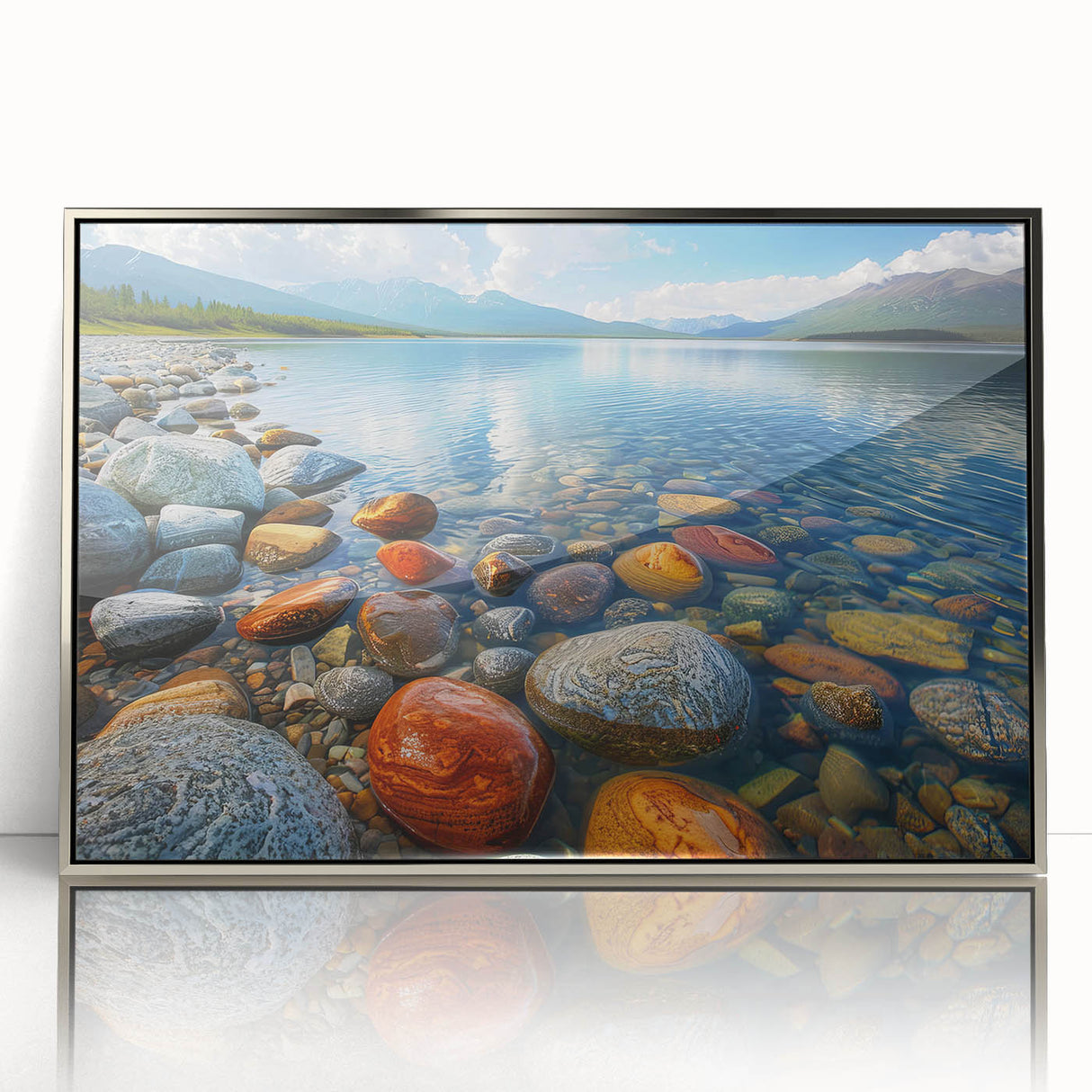 Mid-century modernist art depicting Yukon scenery in acrylic, framed in silver, suitable for nursery wall art.