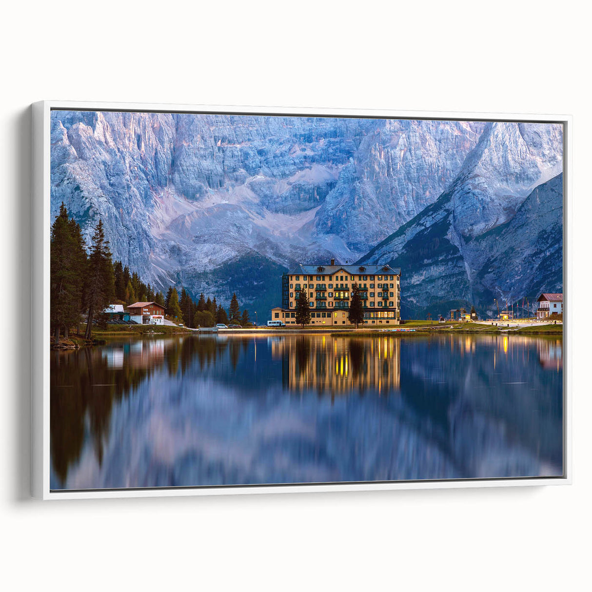 Vintage poster art of a European scenic view in vibrant colors on a large framed canvas, ideal for living room decor.