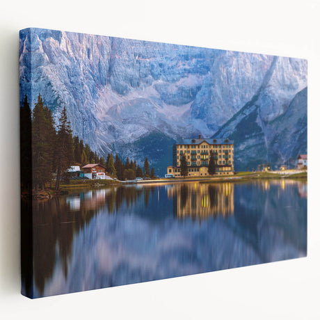 Large canvas depicting a serene Austrian landscape in muted green and blue tones, suitable for kitchen wall art.