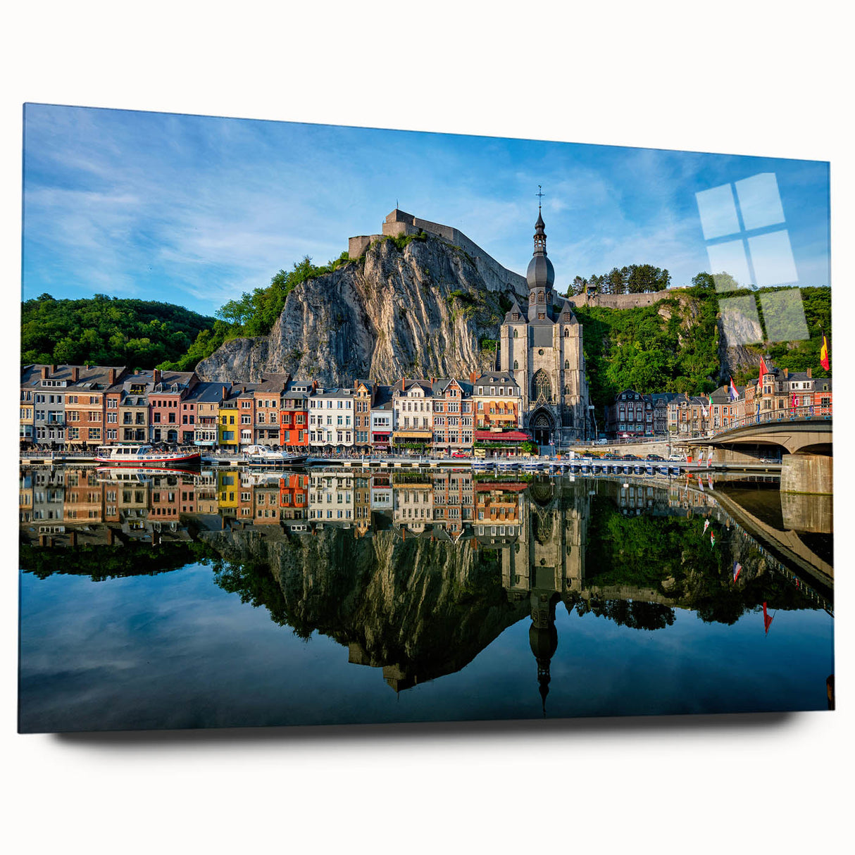 Large abstract wall art depicting a European cityscape in muted blue and gray tones on acrylic glass.