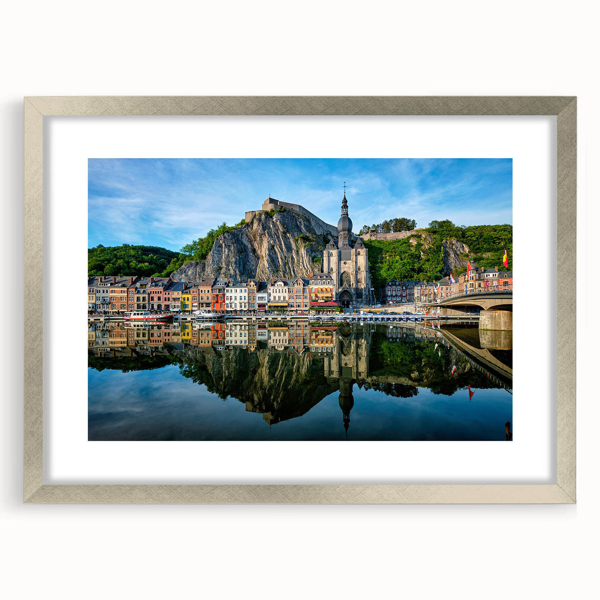 Extra large abstract art print depicting a textured European scenery in a silver frame, ideal for living room decor.