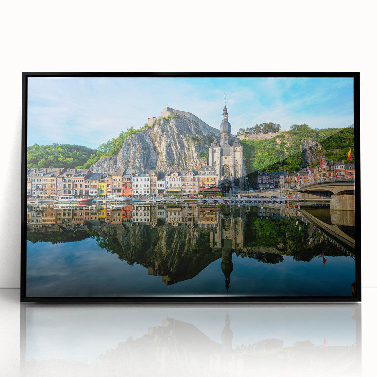 Large abstract wall art depicting a European scenery in black and white tones on a framed acrylic.