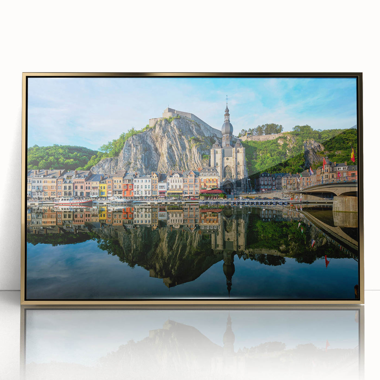 Art Deco poster of a European scenery in Belgium, framed in gold acrylic, suitable for modern art wall decor in a nursery.