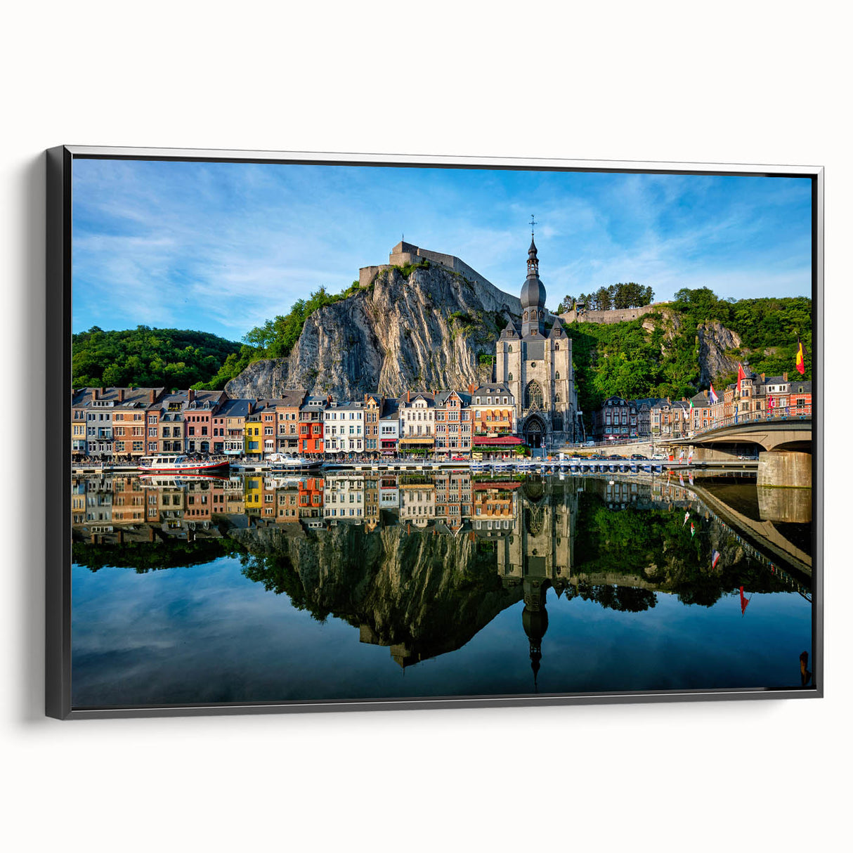 Black and white framed canvas of a vintage European landscape, ideal for bedroom decor.