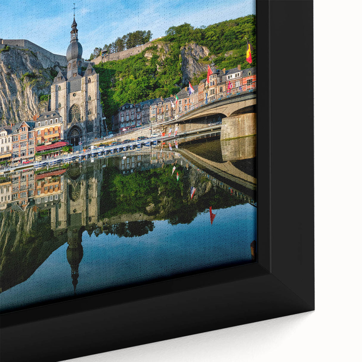 Extra large framed canvas featuring a textured black wall art with colorful European scenery, ideal for living room decor.