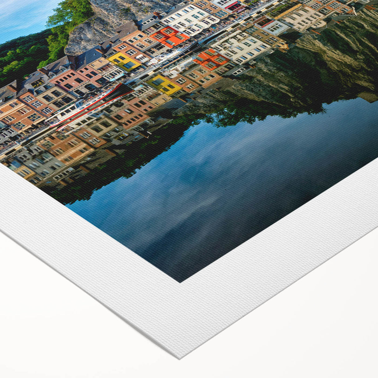 Art deco poster featuring a muted color illustration of a European cityscape on rolled canvas.