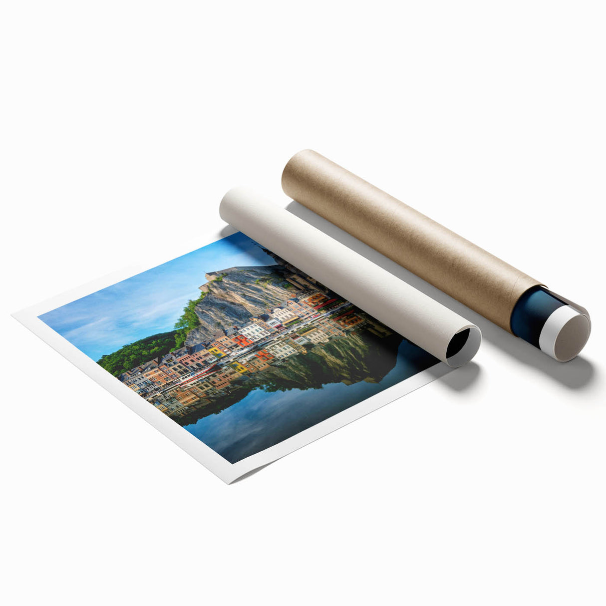 Extra large rolled print of a European scenery with vibrant floral elements.