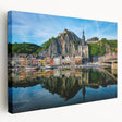 Side view of a stretched canvas depicting a European cityscape in muted earth tones, ideal for kitchen wall art.
