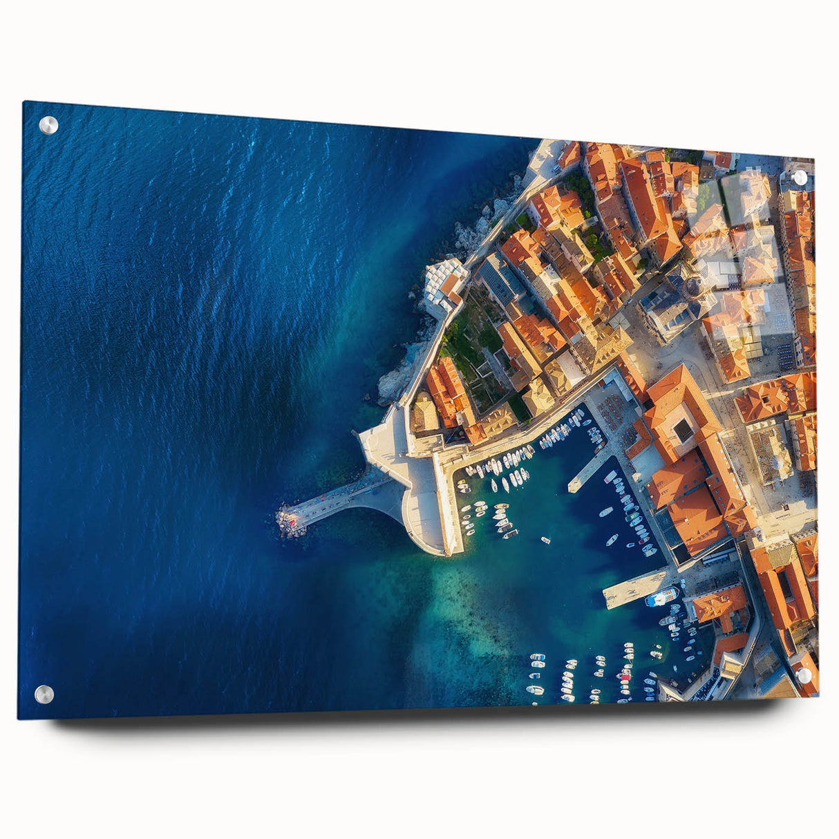 Acrylic print of a Croatian landscape in muted earth tones, ideal for dining room decor.