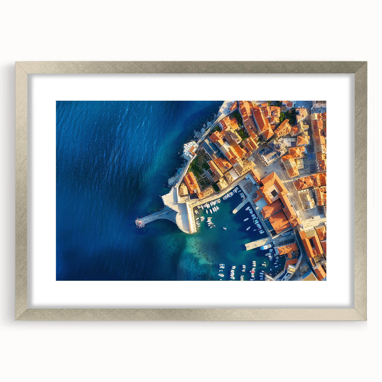 Extra large abstract art print of a European Croatian landscape in silver frame, ideal for living room decor.