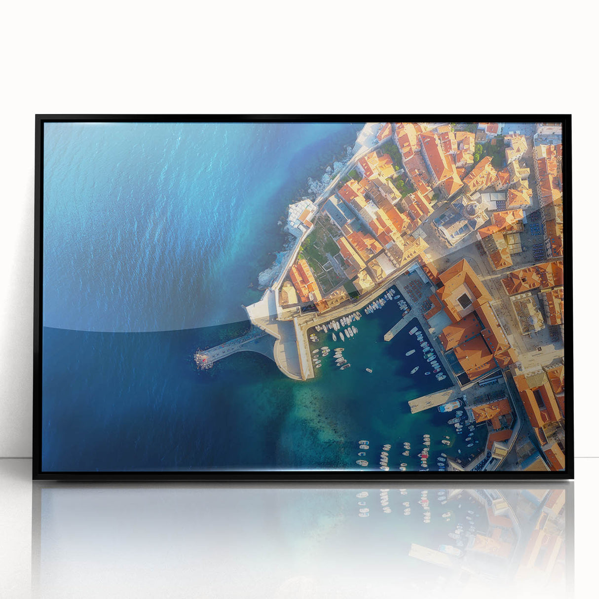 Large abstract wall art depicting a Croatian coastal scene in muted earth tones on a framed acrylic.