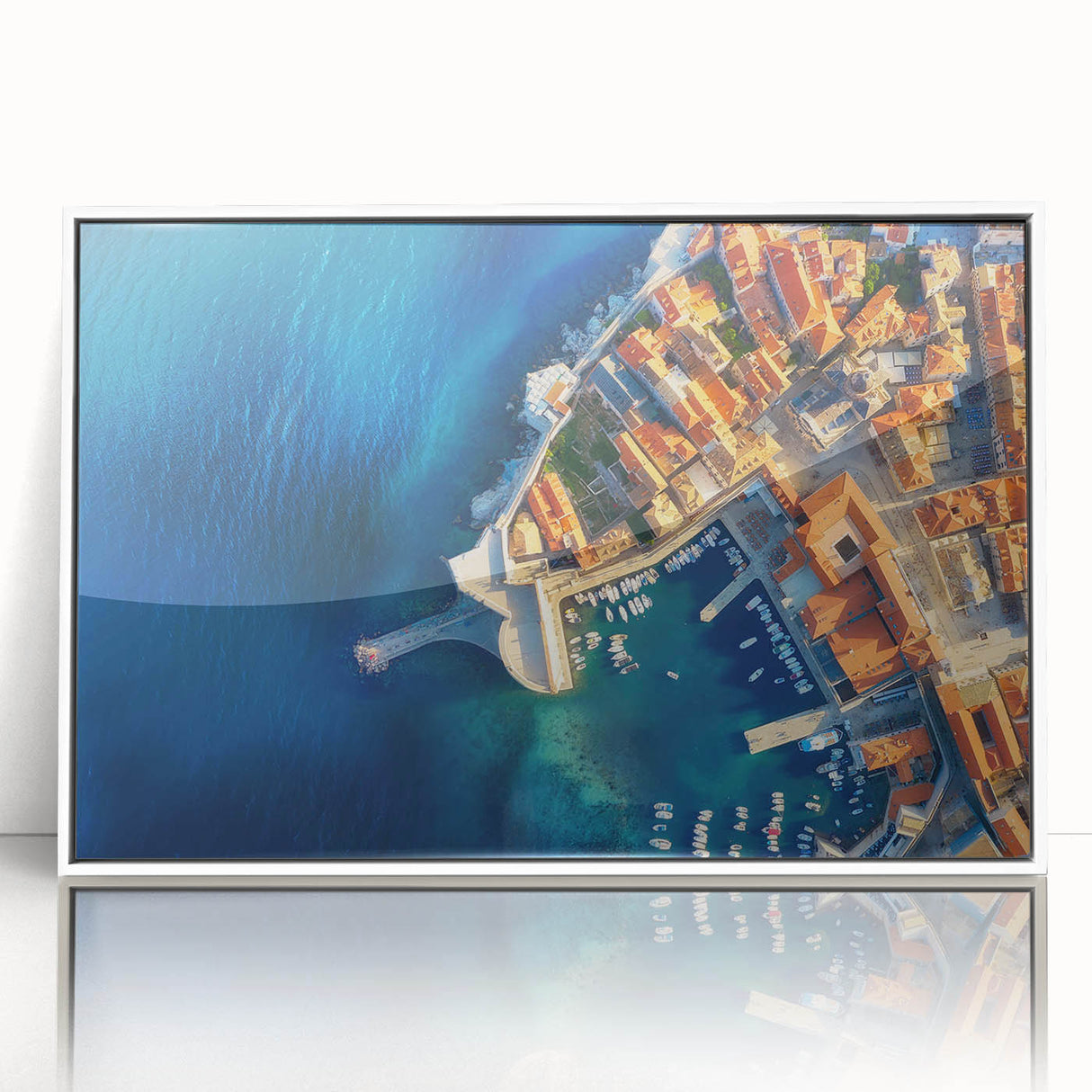 Mid-century modernist art depicting a Croatian landscape in muted earth tones, framed acrylic.