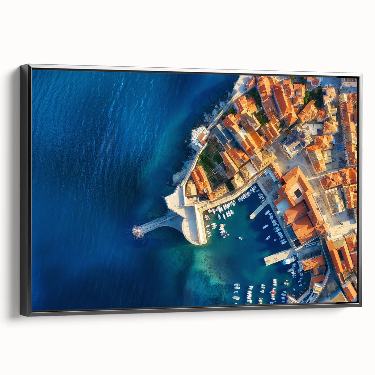 Black and white framed canvas of a vintage Croatian landscape, ideal for bedroom wall art.