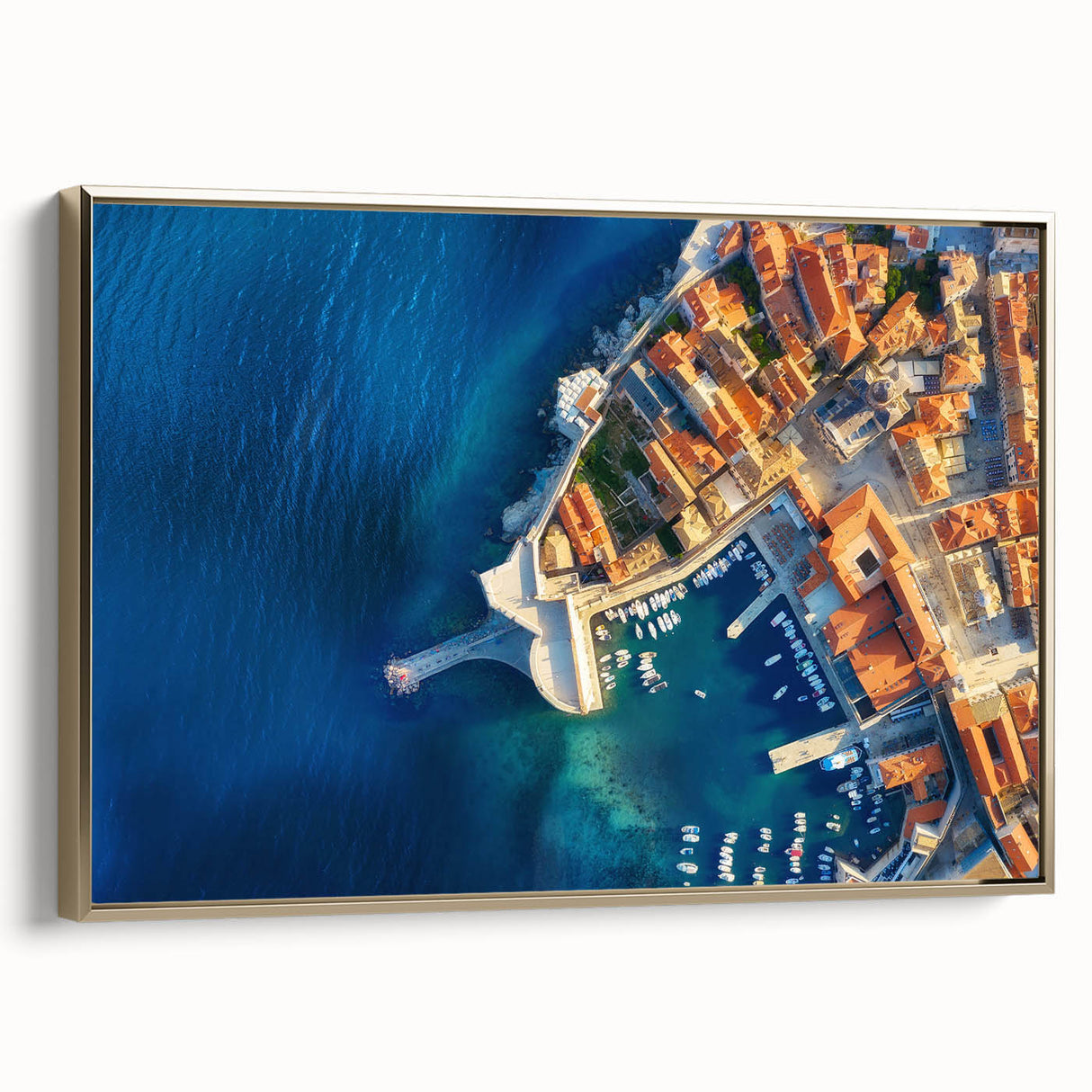 Framed canvas depicting a vintage-style Croatian landscape in muted earth tones, ideal for bedroom wall art.